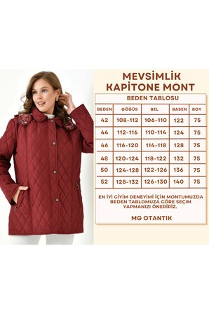 Kadın Büyük Beden Kapüşonlu İçi Desenli Fermuarlı Çıtçıtlı Kapitone Kaban Mont