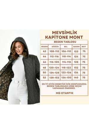 Kadın Büyük Beden Kapüşonlu İçi Desenli Fermuarlı Çıtçıtlı Kapitone Kaban Mont