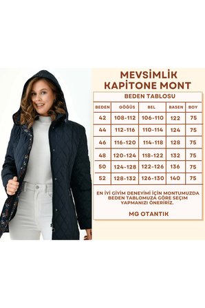 Kadın Büyük Beden Kapüşonlu İçi Desenli Fermuarlı Çıtçıtlı Kapitone Kaban Mont