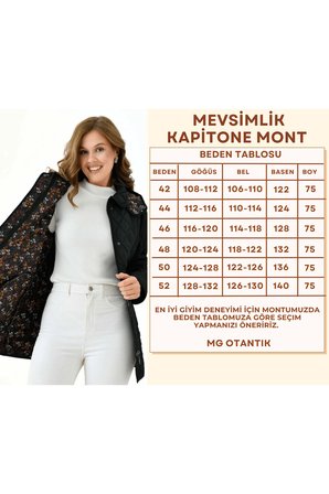 Kadın Büyük Beden Kapüşonlu İçi Desenli Fermuarlı Çıtçıtlı Kapitone Kaban Mont