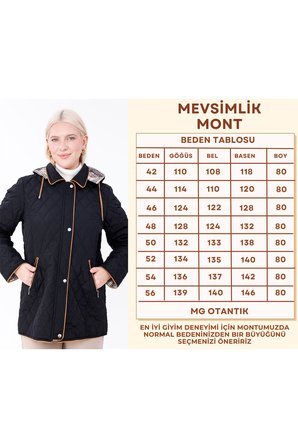 Büyük Beden Pamuk Ekoseli Kapitone Kaban - Kapüşonlu Mevsimlik Mont (MG001)