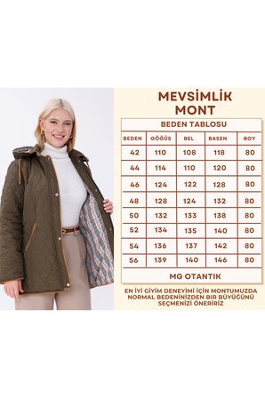 Büyük Beden Pamuk Ekoseli Kapitone Kaban - Kapüşonlu Mevsimlik Mont (MG001)