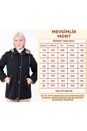 Büyük Beden Pamuk Ekoseli Kapitone Kaban - Kapüşonlu Mevsimlik Mont (MG001)