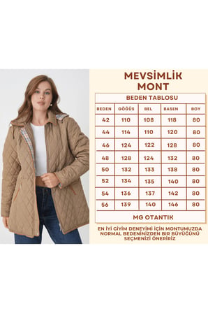 Büyük Beden Pamuk Ekoseli Kapitone Kaban - Kapüşonlu Mevsimlik Mont (MG001)