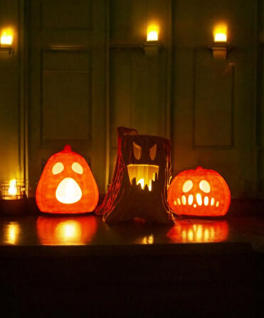 Cadılar Bayramı 3'lü Set - 2 Bal Kabağı ve 1 Ağaç, Halloween Dekor, Tealight Mumluk