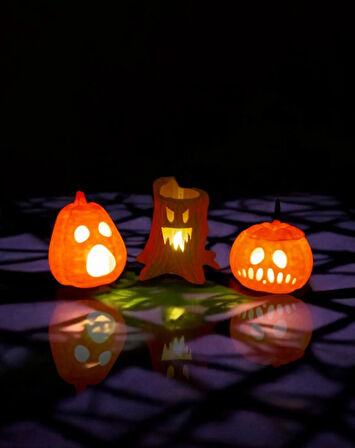 Cadılar Bayramı 3'lü Set - 2 Bal Kabağı ve 1 Ağaç, Halloween Dekor, Tealight Mumluk