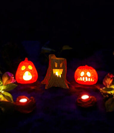 Cadılar Bayramı 3'lü Set - 2 Bal Kabağı ve 1 Ağaç, Halloween Dekor, Tealight Mumluk