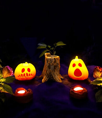Cadılar Bayramı 3'lü Set - 2 Bal Kabağı ve 1 Ağaç, Halloween Dekor, Tealight Mumluk