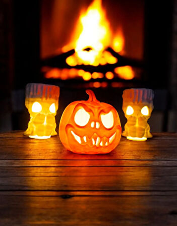 Cadılar Bayramı 3'lü Set - 1 Bal Kabağı ve 2 Mumluk, Halloween Dekor, Tealight Mumluk