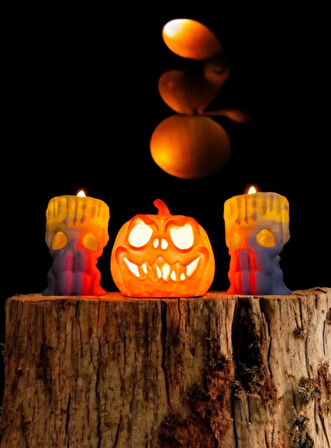 Cadılar Bayramı 3'lü Set - 1 Bal Kabağı ve 2 Mumluk, Halloween Dekor, Tealight Mumluk