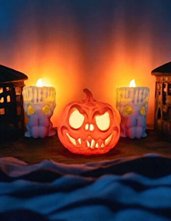 Cadılar Bayramı 3'lü Set - 1 Bal Kabağı ve 2 Mumluk, Halloween Dekor, Tealight Mumluk