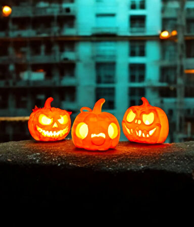 Cadılar Bayramı Özel 3'lü Bal Kabağı Seti Tealight Mum Işıklı Ev ve Ofis Dekoru