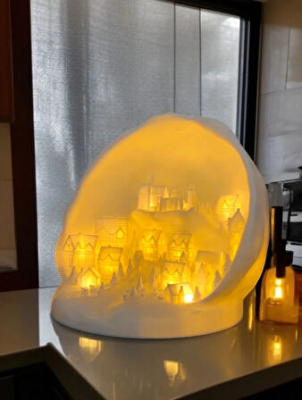 Kar Şehri Temalı Tealight Mum Aydınlatmalı Dekoratif Obje Ev, Kitaplık, Dresuar Dekor Aksesuarı