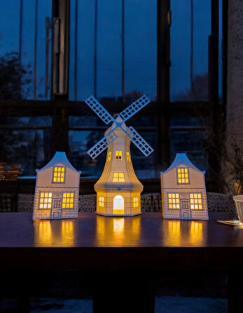 Yeldeğirmeni Ve 2 Evli Dekoratif Işıklı 3lü Set Tealight Ev Mumluk Ev Dekoru Yılbaşı Süsleri