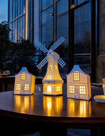 Yeldeğirmeni Ve 2 Evli Dekoratif Işıklı 3lü Set Tealight Ev Mumluk Ev Dekoru Yılbaşı Süsleri