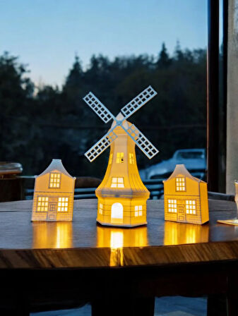Yeldeğirmeni Ve 2 Evli Dekoratif Işıklı 3lü Set Tealight Ev Mumluk Ev Dekoru Yılbaşı Süsleri