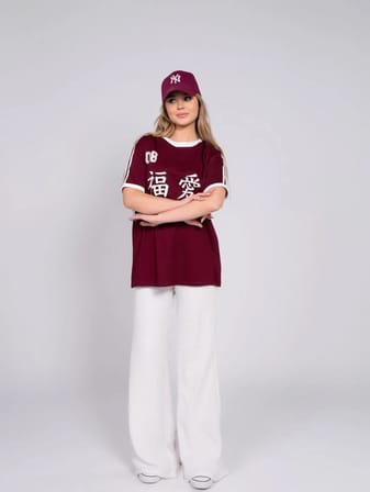 Kadın Bordo Shanghai Yazılı Oversize Tişört Bisiklet Yaka Rahat Kalıp