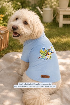 Kedi-Köpek Kıyafeti, Premium Kumaş, Küçük Ve Orta Irklar İçin, Açık Mavi Kuş Nakışlı Tasarım Kedi/Köpek Gömleği
