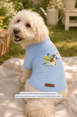 Kedi-Köpek Kıyafeti, Premium Kumaş, Küçük Ve Orta Irklar İçin, Açık Mavi Kuş Nakışlı Tasarım Kedi/Köpek Gömleği