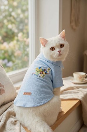 Kedi-Köpek Kıyafeti, Premium Kumaş, Küçük Ve Orta Irklar İçin, Açık Mavi Kuş Nakışlı Tasarım Kedi/Köpek Gömleği