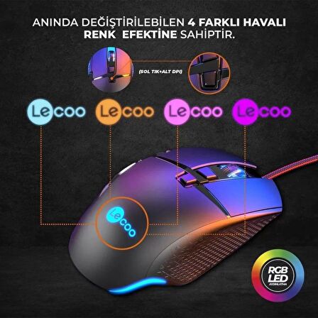 Lecoo MG1101 Kablolu RGB LED Aydınlatmalı 6400DPI 8 Tuşlu Oyuncu Mouse