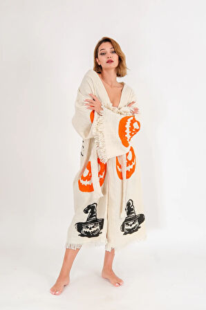 Halloween Müslin Kimono %100 Pamuklu Bornoz Kaftan Sabahlık