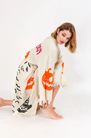 Halloween Müslin Kimono %100 Pamuklu Bornoz Kaftan Sabahlık