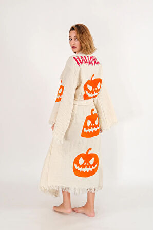 Halloween Müslin Kimono %100 Pamuklu Bornoz Kaftan Sabahlık