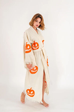 Halloween Müslin Kimono %100 Pamuklu Bornoz Kaftan Sabahlık