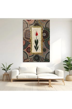 Osmanlı Desenli Kırmızı Lale Cam Tablo Premium Dekoratif Ürün Dekoratif Duvar Tablosu Modern Salon Duvar Dekoru Oturma Odası Yatak Odası Tablosu 4mm Temperli Cam Tablo Lüks Ev Dekorasyonu Duvar Sanatı