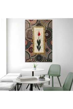 Osmanlı Desenli Kırmızı Lale Cam Tablo Premium Dekoratif Ürün Dekoratif Duvar Tablosu Modern Salon Duvar Dekoru Oturma Odası Yatak Odası Tablosu 4mm Temperli Cam Tablo Lüks Ev Dekorasyonu Duvar Sanatı