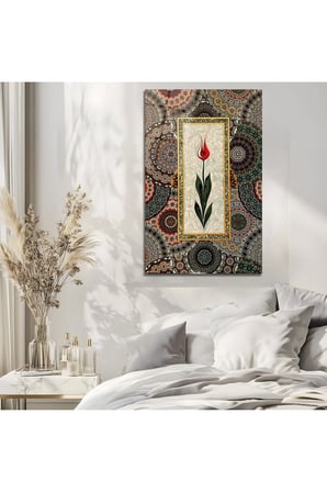 Osmanlı Desenli Kırmızı Lale Cam Tablo Premium Dekoratif Ürün Dekoratif Duvar Tablosu Modern Salon Duvar Dekoru Oturma Odası Yatak Odası Tablosu 4mm Temperli Cam Tablo Lüks Ev Dekorasyonu Duvar Sanatı