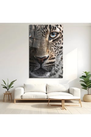 Vahşi Doğa Esintili Mavi Gözlü Leopar Cam Tablo | Şık Duvar Tablosu | UV Baskılı Canlı Renkler | Yatak Odası ve Antre | Ev Hediyesi | Parlak Cam Yüzey