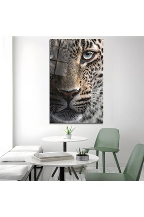 Vahşi Doğa Esintili Mavi Gözlü Leopar Cam Tablo | Şık Duvar Tablosu | UV Baskılı Canlı Renkler | Yatak Odası ve Antre | Ev Hediyesi | Parlak Cam Yüzey