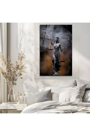 Siyah Gold Adalet Heykeli Cam Tablo | Dekoratif Duvar Tablosu | Canlı Renkli Baskı | Salon ve Oturma Odası | Doğum Günü Hediyesi | 4mm Kırılmaz Cam