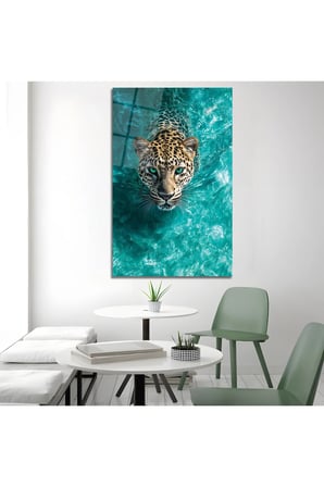 Turkuaz Suda Yüzen Leopar Cam Tablo | Şık Duvar Tablosu | Solmayan Canlı Renkler | Salon ve Oturma Odası | Ev Hediyesi | Parlak Cam Yüzey