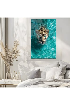 Turkuaz Suda Yüzen Leopar Cam Tablo | Şık Duvar Tablosu | Solmayan Canlı Renkler | Salon ve Oturma Odası | Ev Hediyesi | Parlak Cam Yüzey