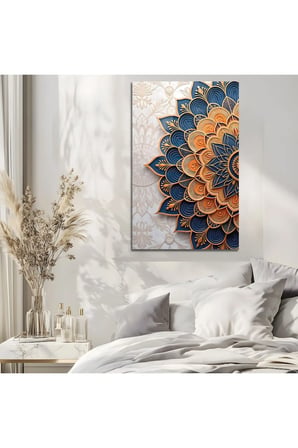 Lacivert Gold Mandala Desenli Cam Tablo | Modern Sanat Tablosu | Canlı Renkli Baskı | Ofis ve Çalışma Odası | Anlamlı Hediye Seçeneği