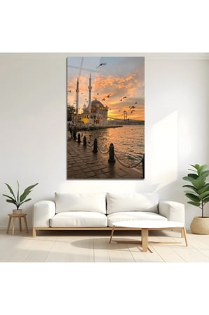 İstanbul Ortaköy Camii Gün Batımı Manzaralı Cam Tablo | Modern Sanat Tablosu | UV Baskılı Canlı Renkler | Kafe ve Ofis İçin | Anlamlı Hediye Seçeneği