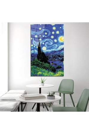 Van Gogh Esintili Yıldızlı Gece Cam Tablo | Modern Duvar Dekoru | Canlı Renkli Baskı | Ofis ve Çalışma Odası | Yeni Ev Hediyesi | 4mm Kırılmaz Cam
