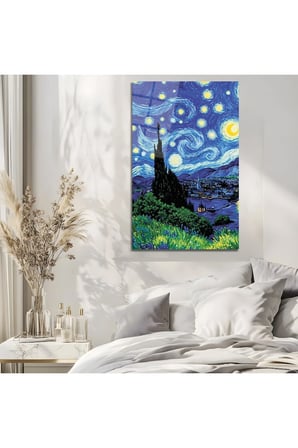 Van Gogh Esintili Yıldızlı Gece Cam Tablo | Modern Duvar Dekoru | Canlı Renkli Baskı | Ofis ve Çalışma Odası | Yeni Ev Hediyesi | 4mm Kırılmaz Cam
