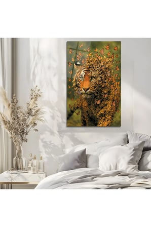 Büyülü Kelebek Kaplan Cam Tablo | Modern Duvar Dekoru | Canlı Renkli Baskı | Salon ve Oturma Odası | Yeni Ev Hediyesi | 4mm Kırılmaz Cam