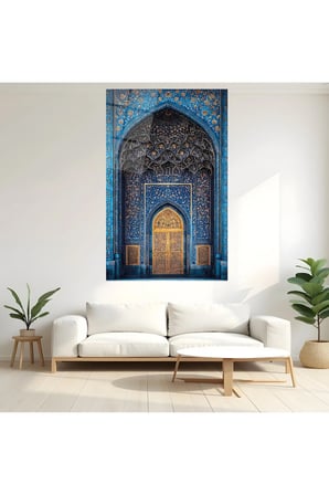 Osmanlı Selçuklu Motifli Mavi Cami Kapısı Dekoratif Cam Tablo Dekoratif Duvar Tablosu Modern Salon Duvar Dekoru Oturma Odası Yatak Odası Tablosu 4mm Temperli Cam Tablo Lüks Ev Dekorasyonu Duvar Sanatı