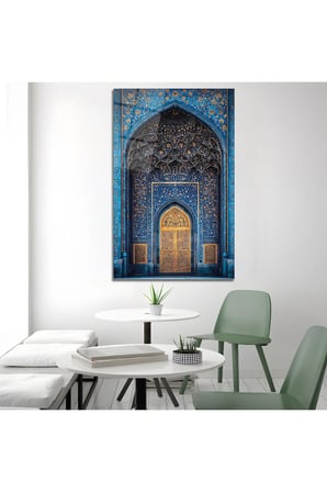 Osmanlı Selçuklu Motifli Mavi Cami Kapısı Dekoratif Cam Tablo Dekoratif Duvar Tablosu Modern Salon Duvar Dekoru Oturma Odası Yatak Odası Tablosu 4mm Temperli Cam Tablo Lüks Ev Dekorasyonu Duvar Sanatı