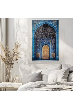 Osmanlı Selçuklu Motifli Mavi Cami Kapısı Dekoratif Cam Tablo Dekoratif Duvar Tablosu Modern Salon Duvar Dekoru Oturma Odası Yatak Odası Tablosu 4mm Temperli Cam Tablo Lüks Ev Dekorasyonu Duvar Sanatı