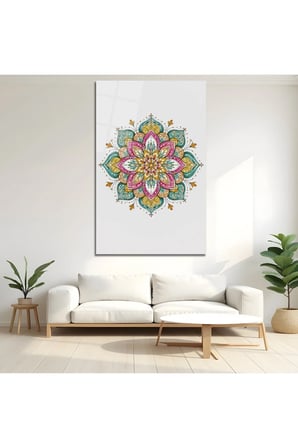 Bohem Mandala Desenli Lotus Çiçeği Cam Tablo | Şık Duvar Tablosu | Solmayan Canlı Renkler | Salon ve Oturma Odası | Ev Hediyesi | Parlak Cam Yüzey