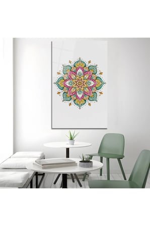 Bohem Mandala Desenli Lotus Çiçeği Cam Tablo | Şık Duvar Tablosu | Solmayan Canlı Renkler | Salon ve Oturma Odası | Ev Hediyesi | Parlak Cam Yüzey