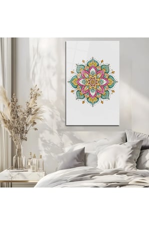 Bohem Mandala Desenli Lotus Çiçeği Cam Tablo | Şık Duvar Tablosu | Solmayan Canlı Renkler | Salon ve Oturma Odası | Ev Hediyesi | Parlak Cam Yüzey