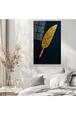 Osmanlı Hat İşlemeli Altın Tüy Kalem Cam Tablo | Modern Sanat Tablosu | Canlı Renkli Baskı | Mutfak ve Yemek Alanı | Anlamlı Hediye Seçeneği