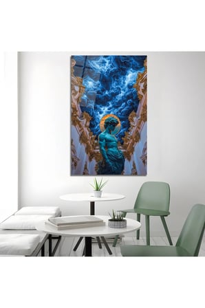 Mavi Bulutlar ve Antik Heykel Temalı Lüks Cam Tablo Dekoratif Duvar Tablosu Modern Salon Duvar Dekoru Oturma Odası Yatak Odası Tablosu 4mm Temperli Cam Tablo Lüks Ev Dekorasyonu Duvar Sanatı Hediyelik